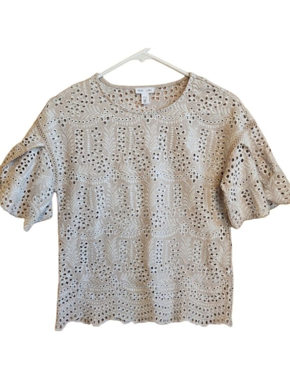 TRIBAL EMBROIDERED EYELET SPLIT SLEEVE SCALLOP BOTTOM TOP BLOUSE X-SMALL EUC